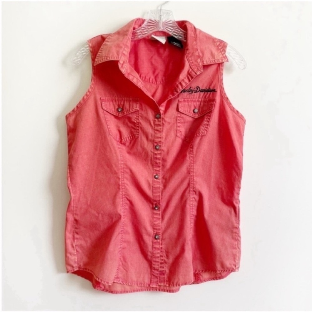 Harley Davidson shirt orange red button up sleeveless collared pockets